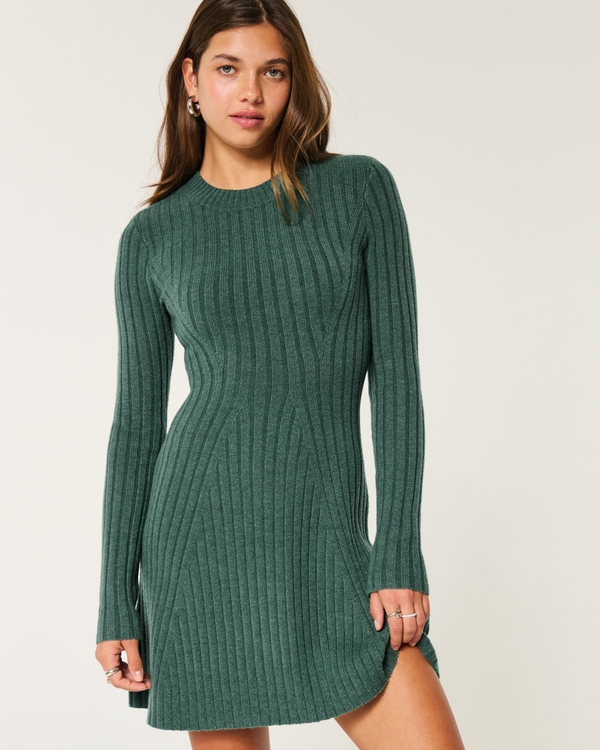 Ribbed Skater Mini Sweater Dress, Evergreen