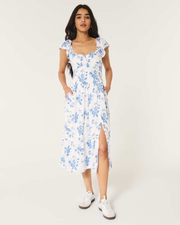 Cinch Bust V-Waist Midi Dress, White Floral