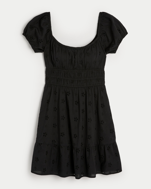 Short-Sleeve Channeled Waist Mini Dress, Black