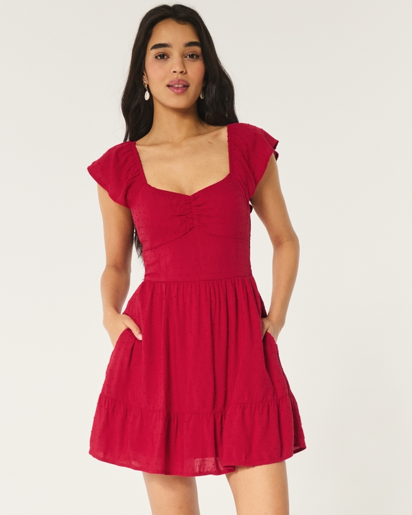 Short-Sleeve Cinch Bust Skort Dress, Red