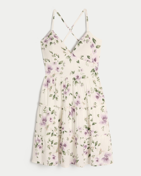 Open Back Tiered Mini Dress, Off White Floral