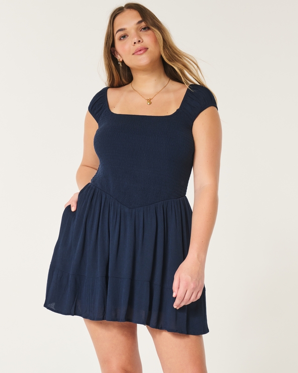 Smocked V-Waist Mini Skort Dress, Navy Blue