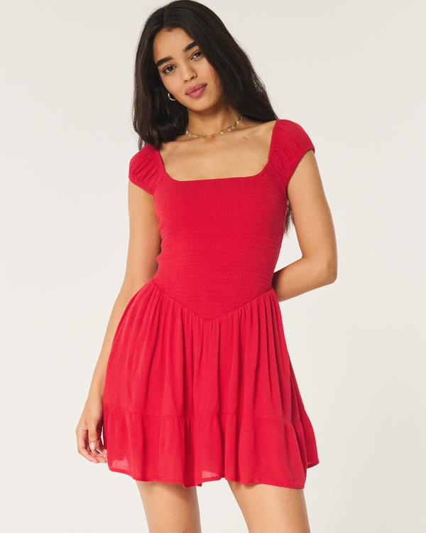 Smocked V-Waist Mini Skort Dress, Cherry Red