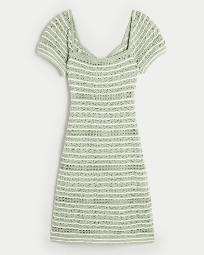 Women s Short Sleeve Crochet Style Twist Back Mini Dress in Sage Green Stripe Size XS TALL from Hollister