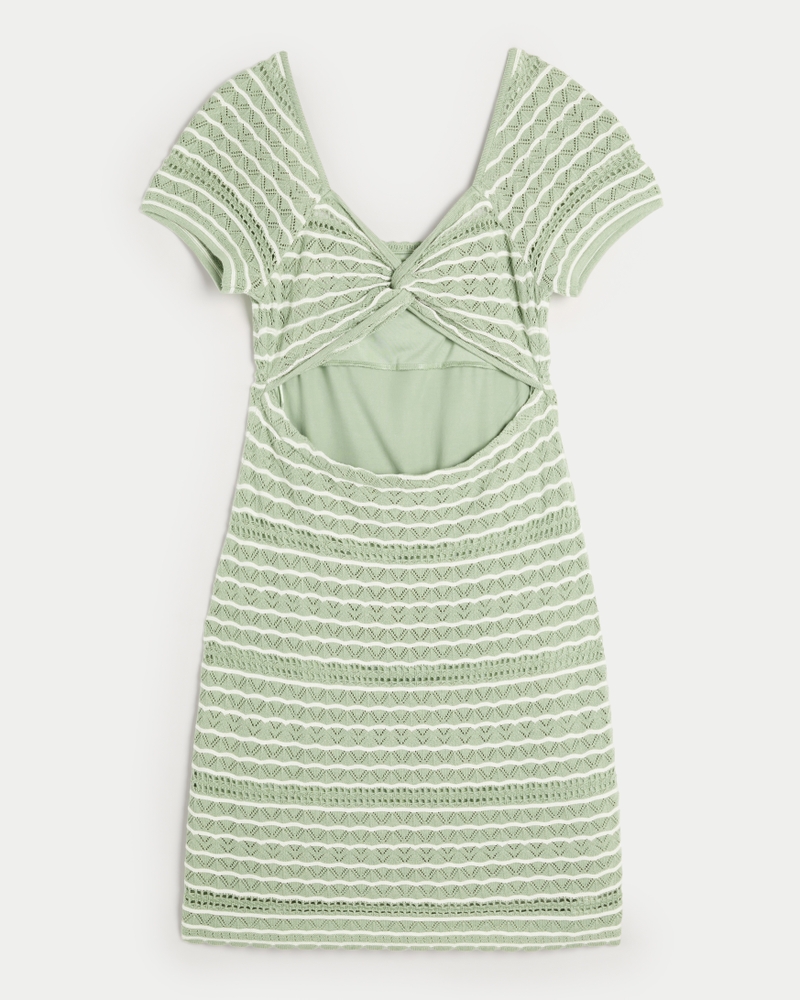 Short-Sleeve Crochet-Style Twist Back Mini Dress