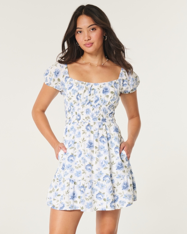 Short-Sleeve Channeled Waist Mini Dress, White Floral