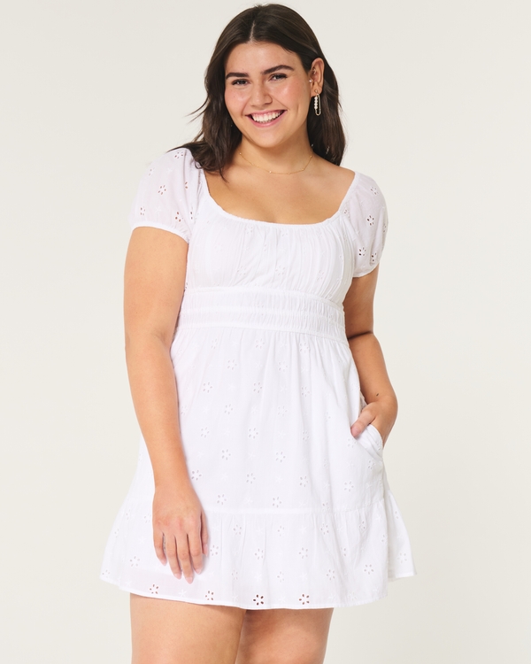 Short-Sleeve Channeled Waist Mini Dress, White