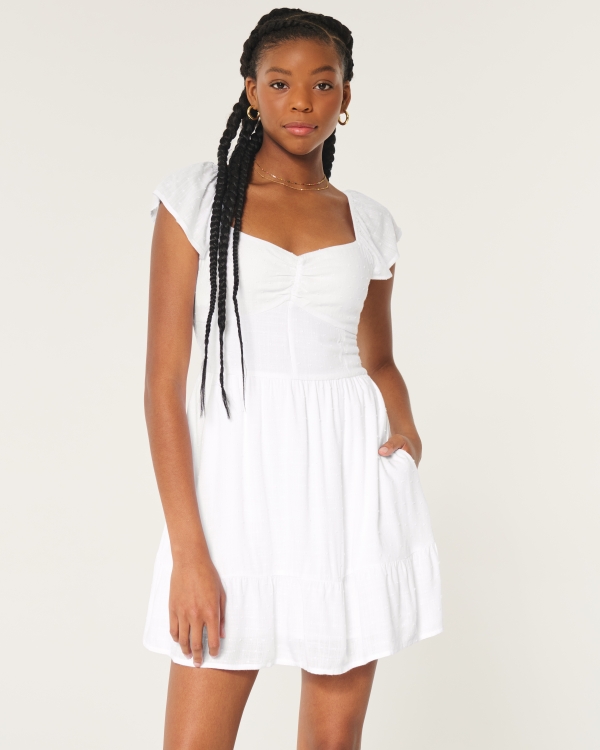 Short-Sleeve Cinch Bust Skort Dress, White