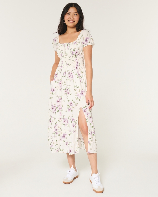 Hollister Saidie Short-Sleeve Tie-Back Midi Dress, White Floral