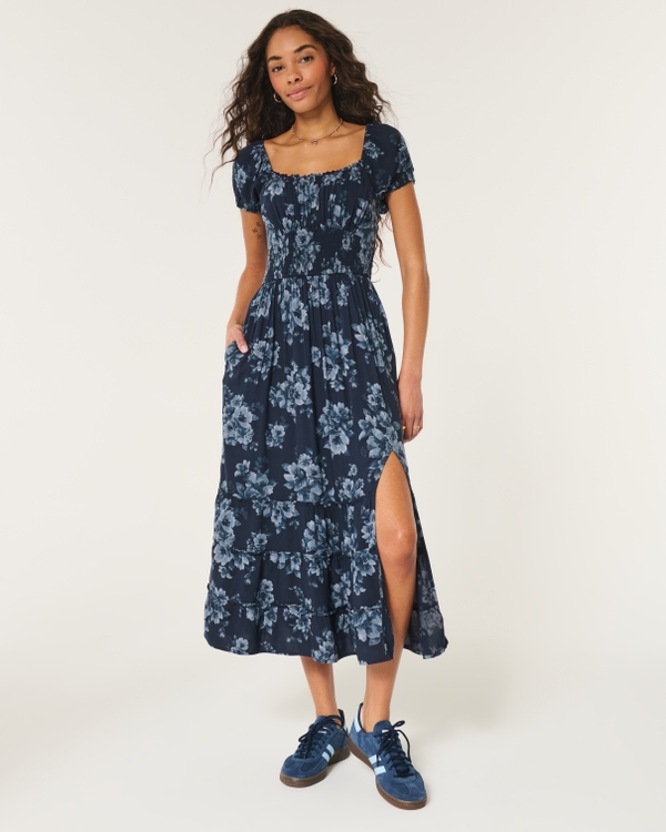 Hollister Saidie Short-Sleeve Tie-Back Midi Dress, Navy Blue Floral