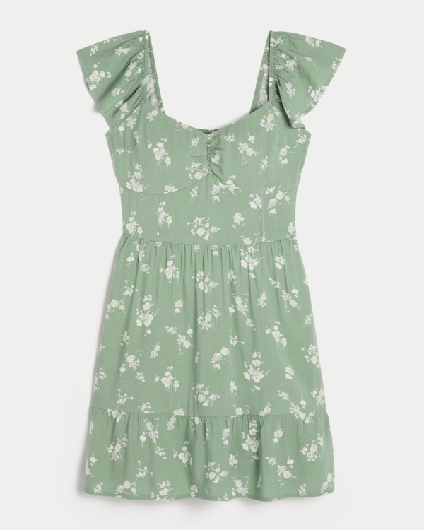 Short-Sleeve Cinch Bust Skort Dress, Green Floral