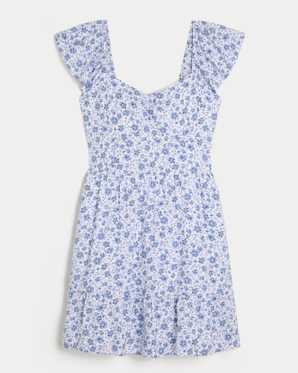Short-Sleeve Cinch Bust Skort Dress, Light Blue Floral