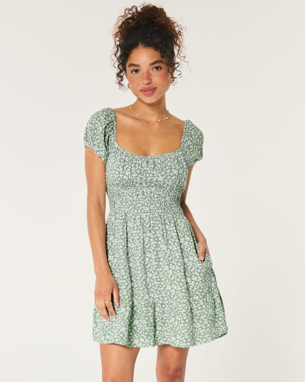 Short-Sleeve Channeled Waist Mini Dress, Light Green Floral