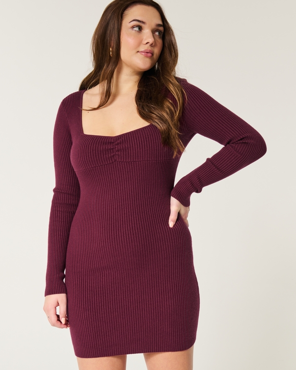 Long-Sleeve Cinch Bust Open-Back Sweater Dress, Mulberry