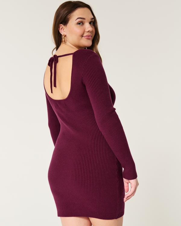 Long-Sleeve Cinch Bust Open-Back Sweater Dress, Mulberry view 2