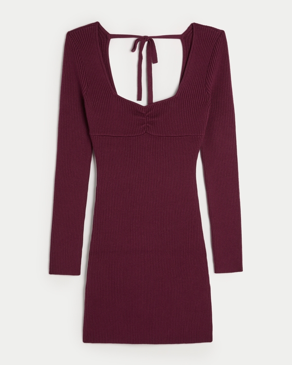 Long-Sleeve Cinch Bust Open-Back Sweater Dress, Mulberry view 1