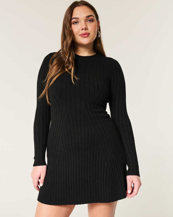 Ribbed Skater Mini Sweater Dress, Black