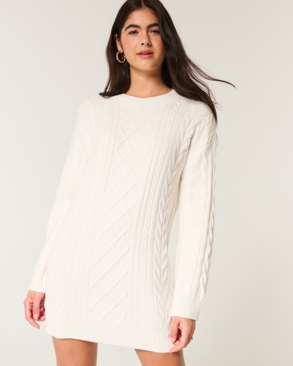 Cozy Cable-Knit Sweater Dress, Cloud White