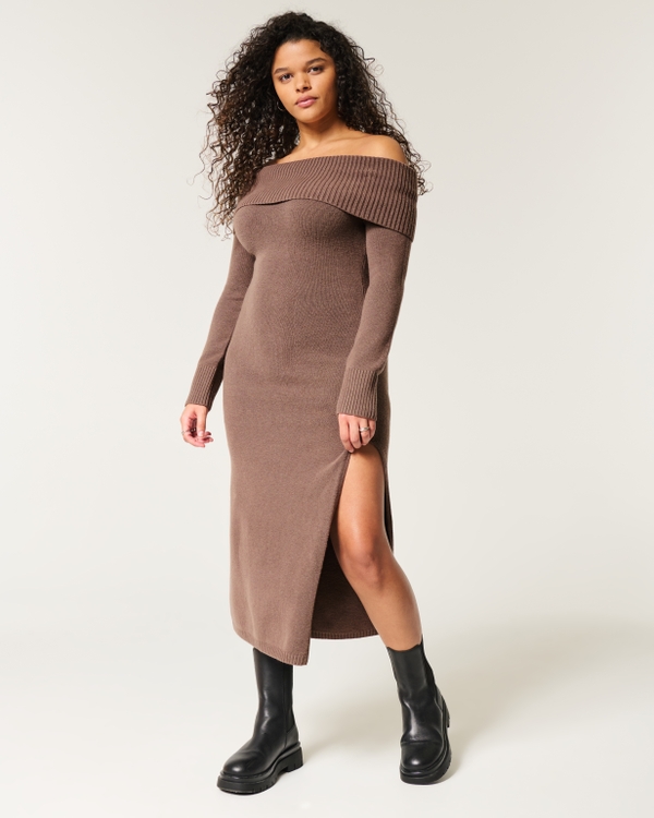 Off-the-Shoulder Midi Sweater Dress, Light Brown