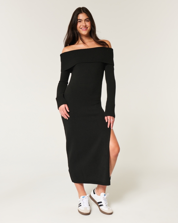 Off-the-Shoulder Midi Sweater Dress, Black