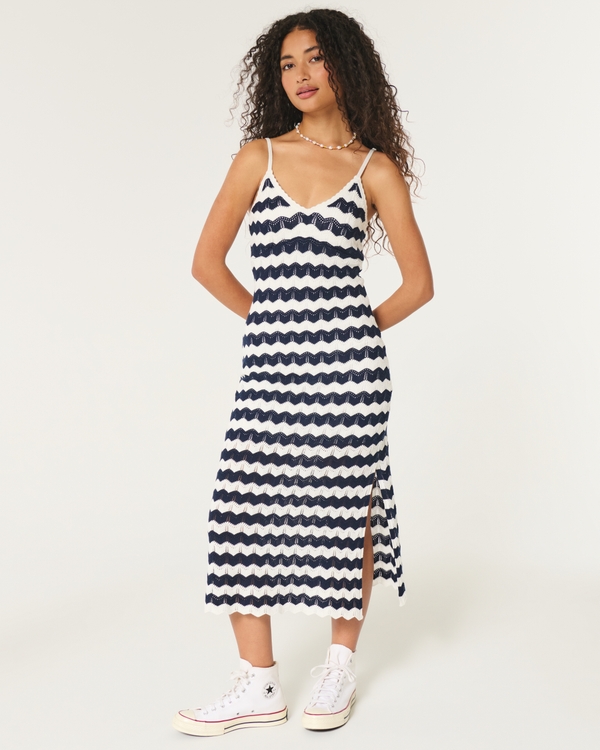 Crochet-Style Midi Dress, Navy Stripe