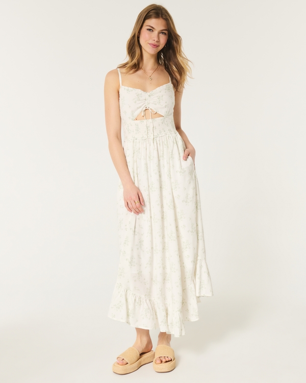 Asymmetrical Hem Maxi Dress, White Floral