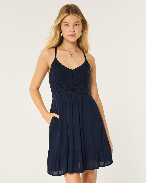 Crochet-Style Mix Mini Dress, Navy Blue