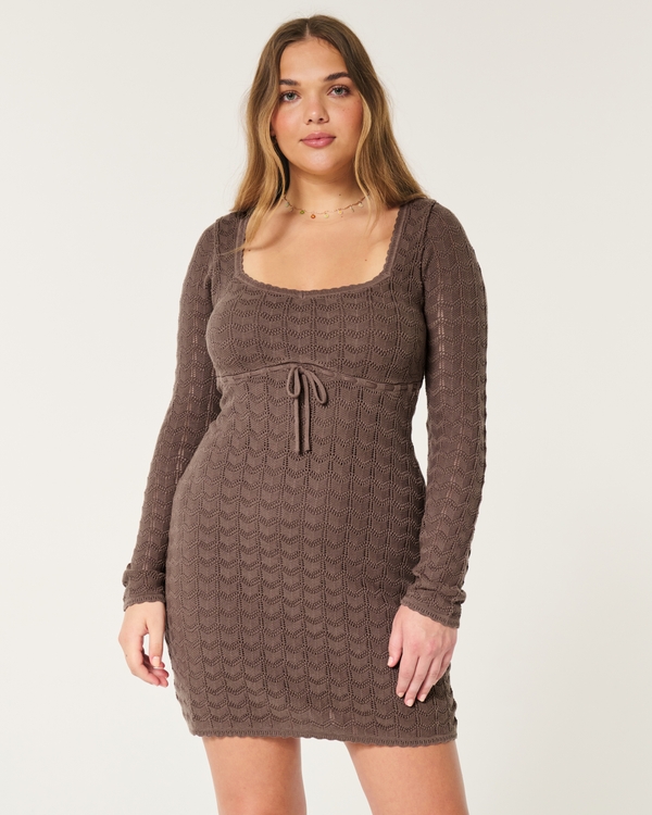 Long-Sleeve Crochet-Style Mini Dress, Chocolate