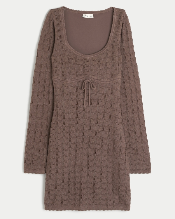 Long-Sleeve Crochet-Style Mini Dress, Chocolate view 1
