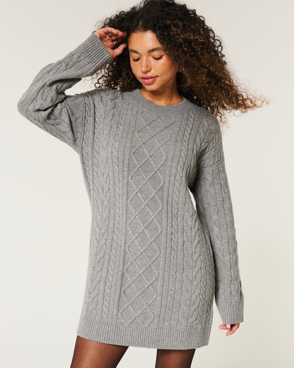 Oversized Cable-Knit Crew Sweater Dress, Grey