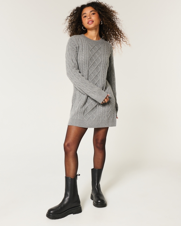 Oversized Cable-Knit Crew Sweater Dress, Grey view 2