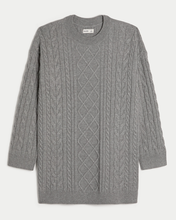 Oversized Cable-Knit Crew Sweater Dress, Grey view 1