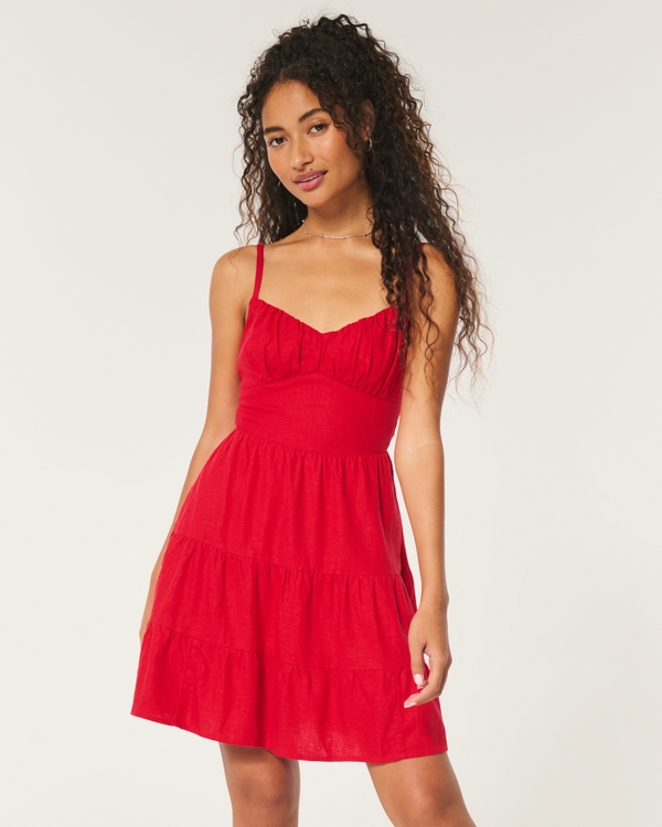 Open Back Linen Blend Mini Dress, Cherry Red