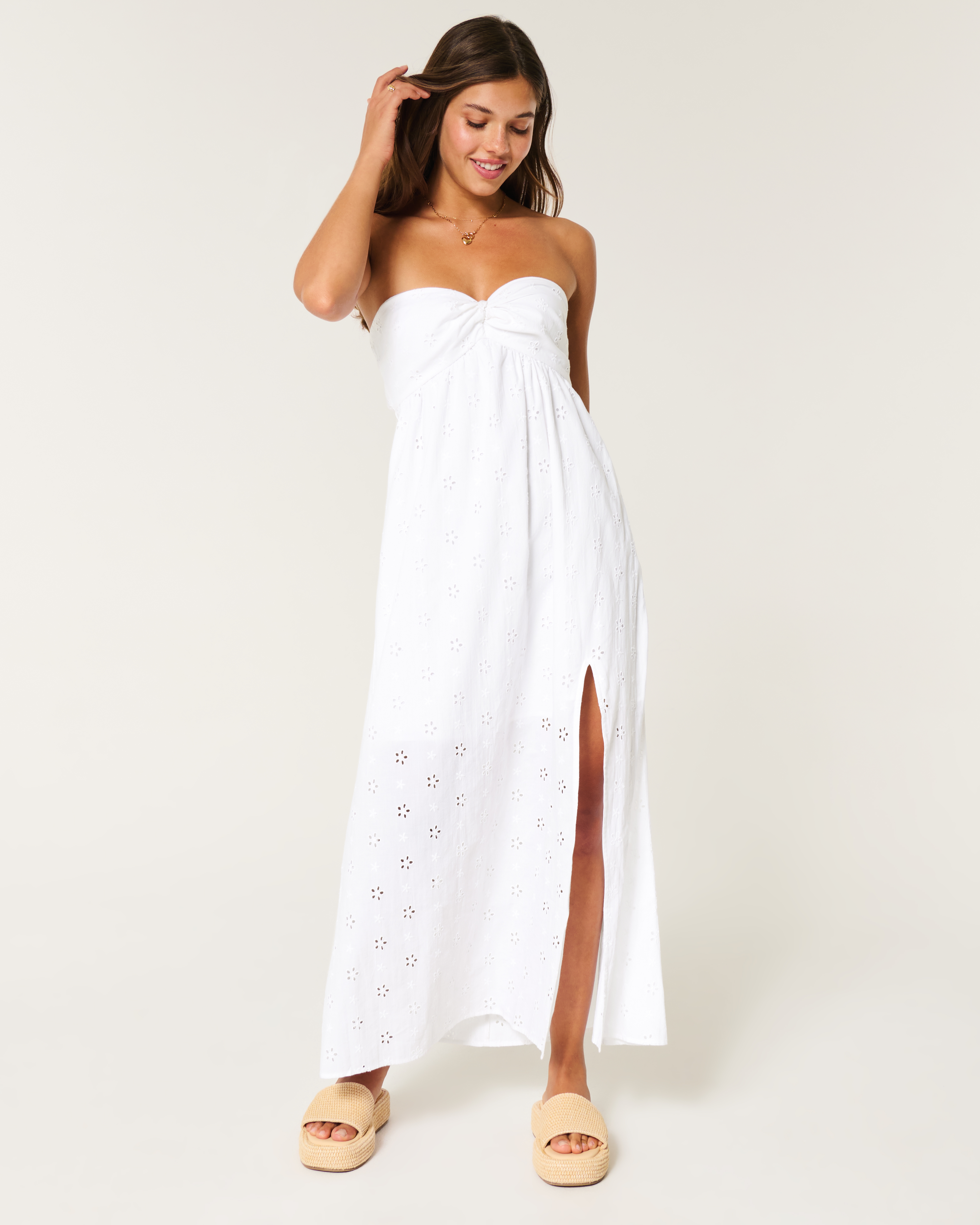 Twist Bust Eyelet Strapless Midi Dress