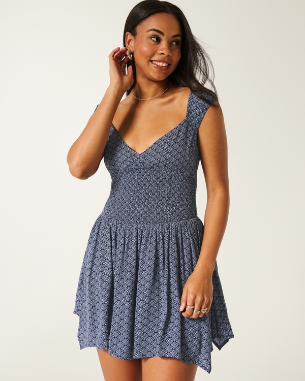 Off-the-Shoulder Asymmetrical Hem Mini Dress, Navy Blue Pattern view 1