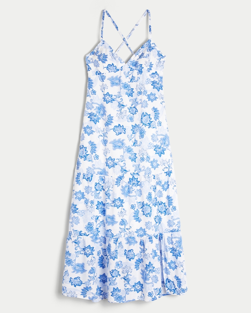 Women's Open Back Maxi Dress in Blue Floral Size XXL from Hollister