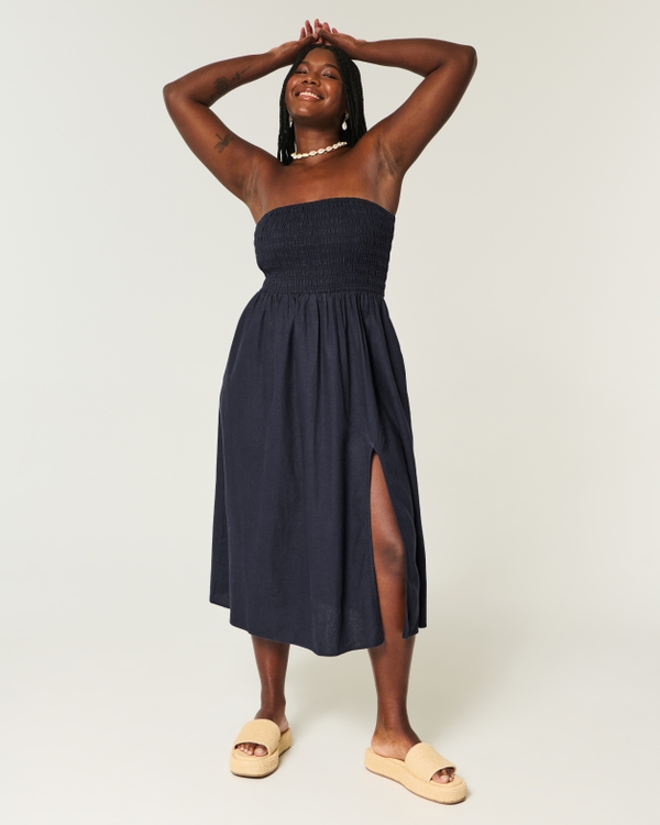 Strapless Linen-Blend Midi Dress, Navy Blue view 1