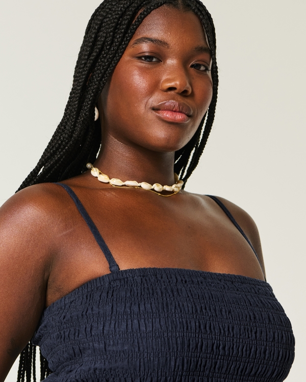 Strapless Linen-Blend Midi Dress, Navy Blue view 2