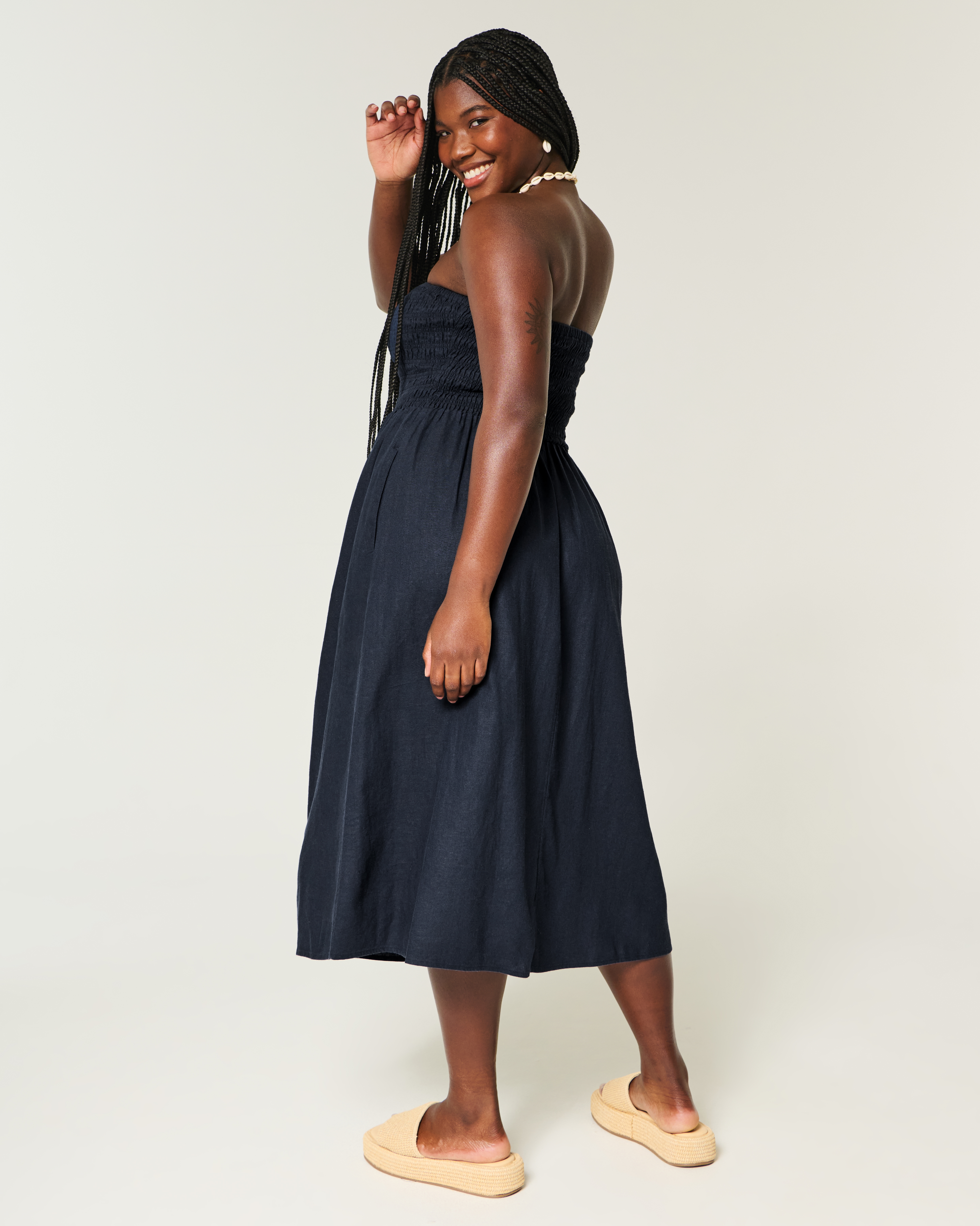 Strapless Linen-Blend Midi Dress