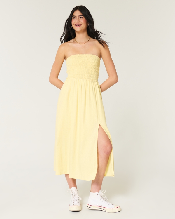 Strapless Linen-Blend Midi Dress, Butter Yellow view 1