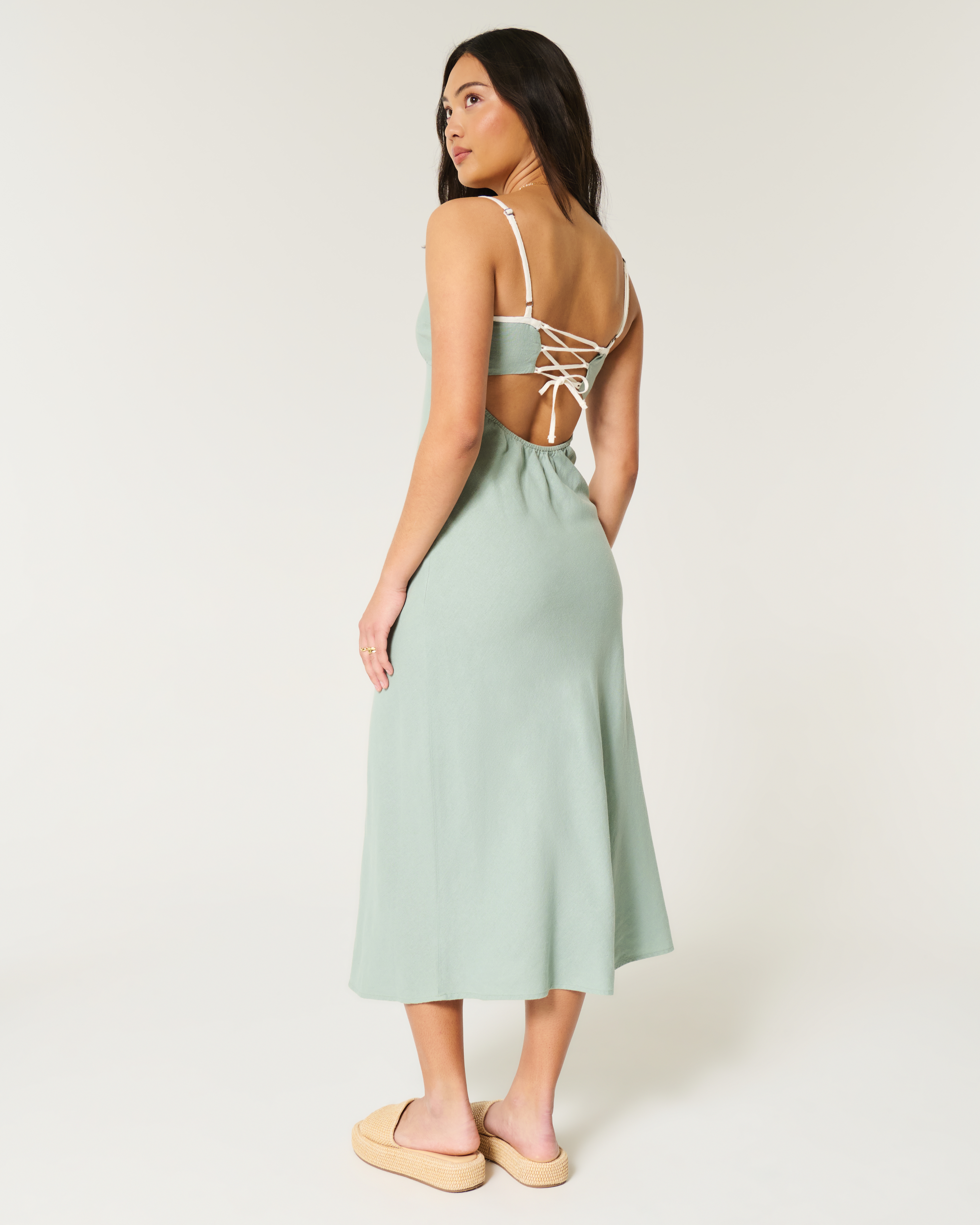 Linen-Blend Open-Back Slip Midi Dress