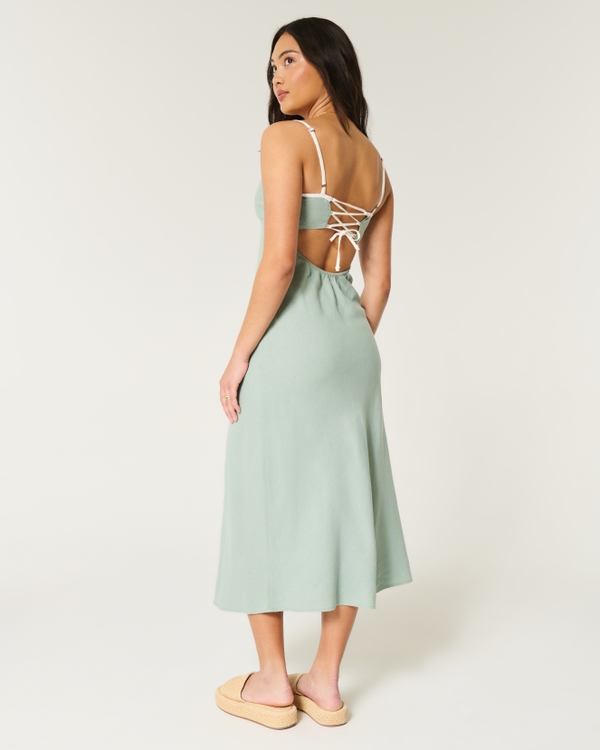 Linen-Blend Open-Back Slip Midi Dress, Eucalyptus Green view 1