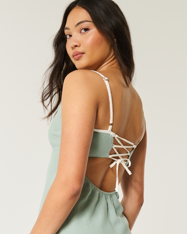 Linen-Blend Open-Back Slip Midi Dress, Eucalyptus Green view 2