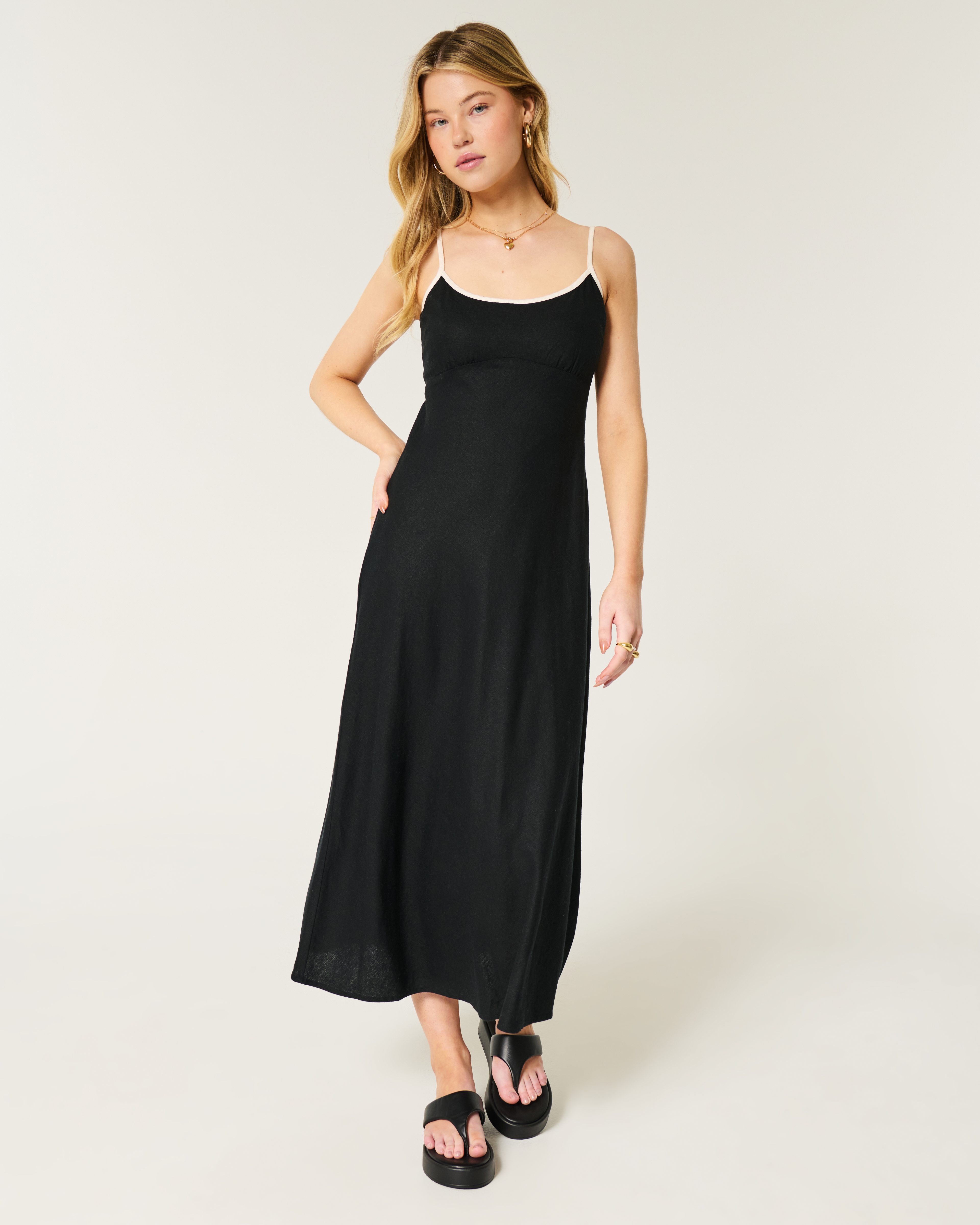 Linen-Blend Open-Back Slip Midi Dress
