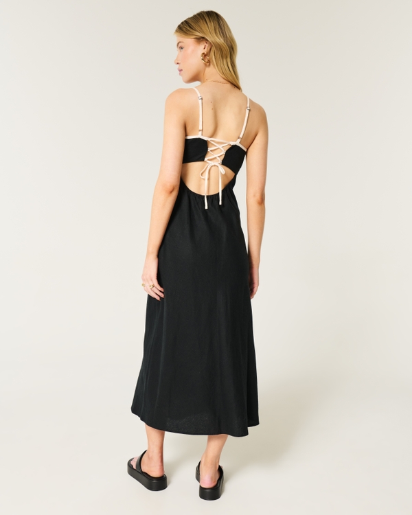 Linen-Blend Open-Back Slip Midi Dress, Black view 2