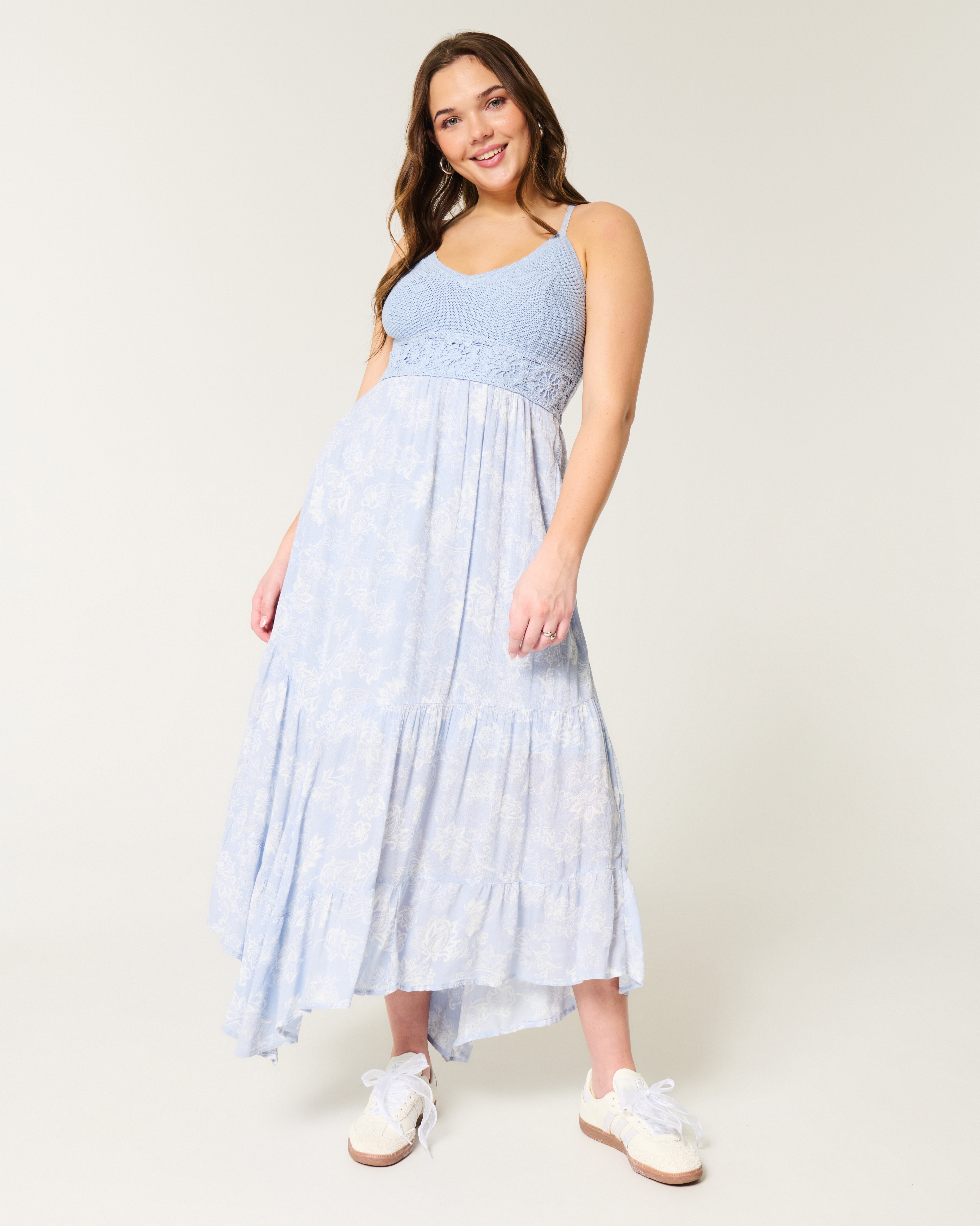Crochet-Style Mix V-Neck Maxi Dress