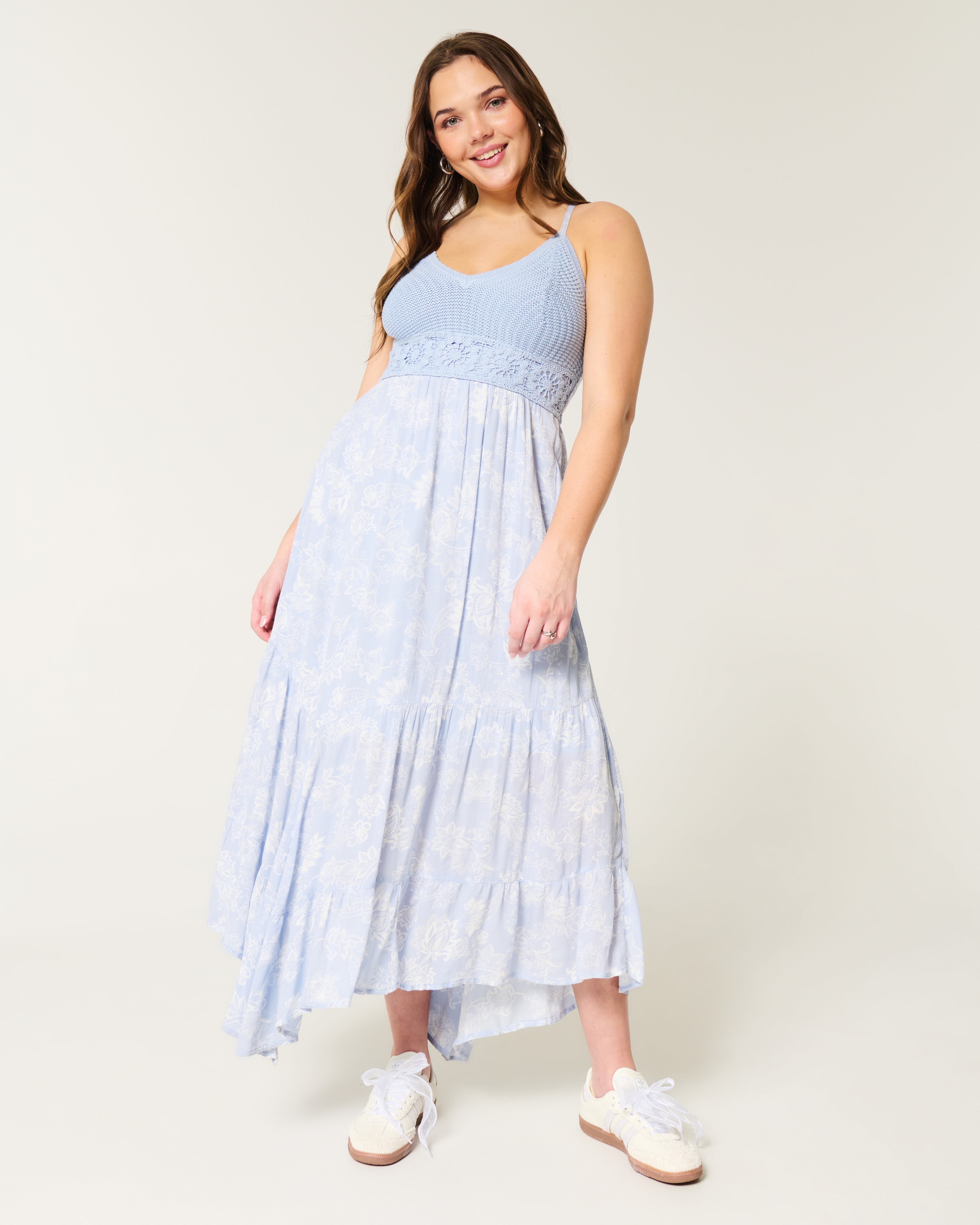 Crochet-Style Mix V-Neck Maxi Dress