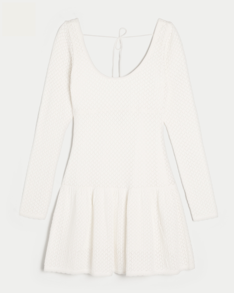Long-Sleeve Crochet-Style Mini Skater Dress