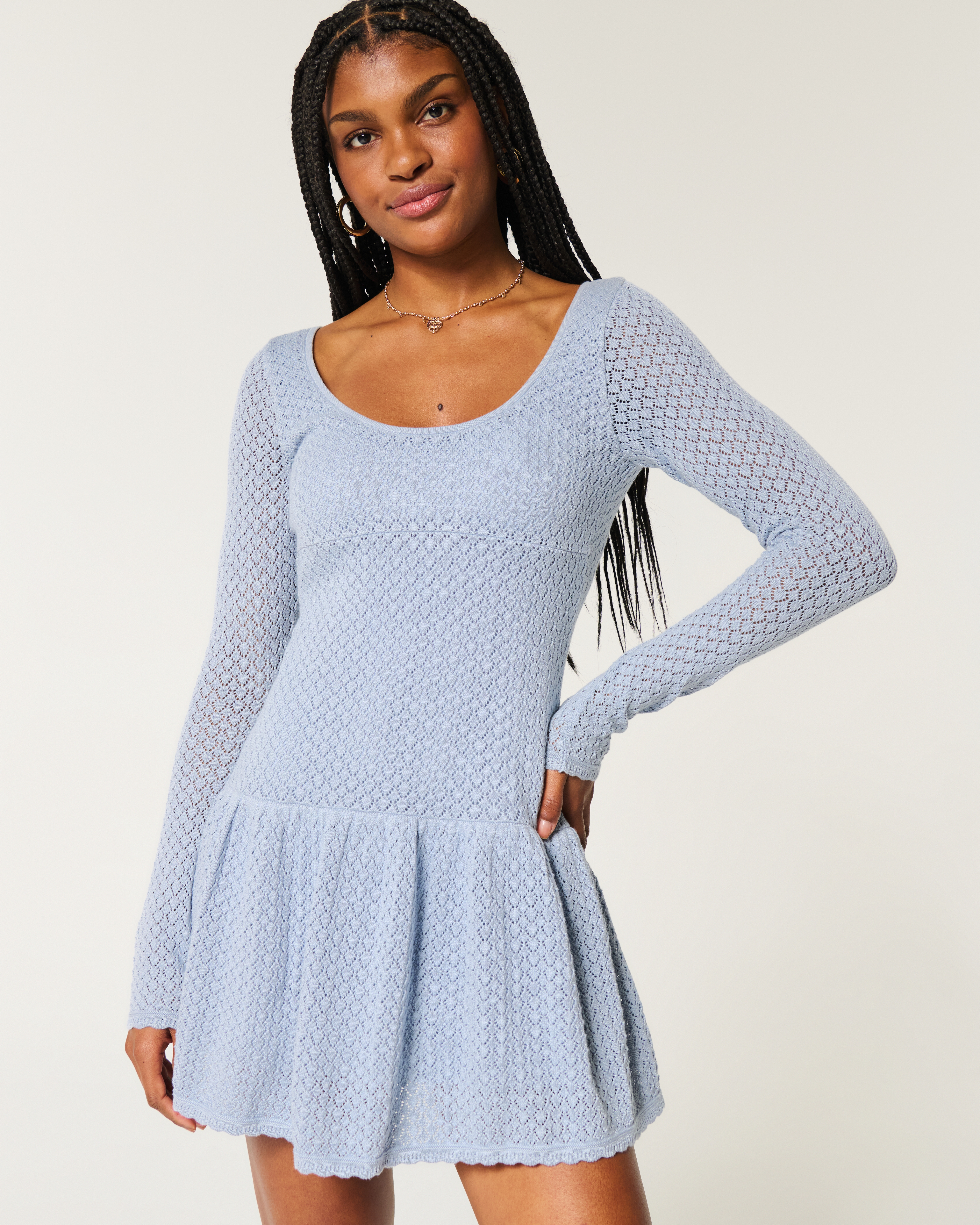 Long-Sleeve Crochet-Style Mini Skater Dress