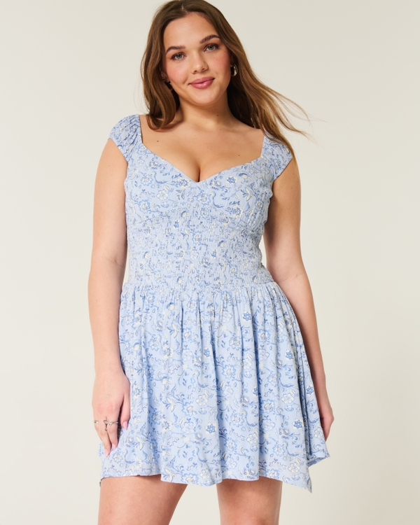 Off-the-Shoulder Asymmetrical Hem Mini Dress, Light Blue Floral view 1